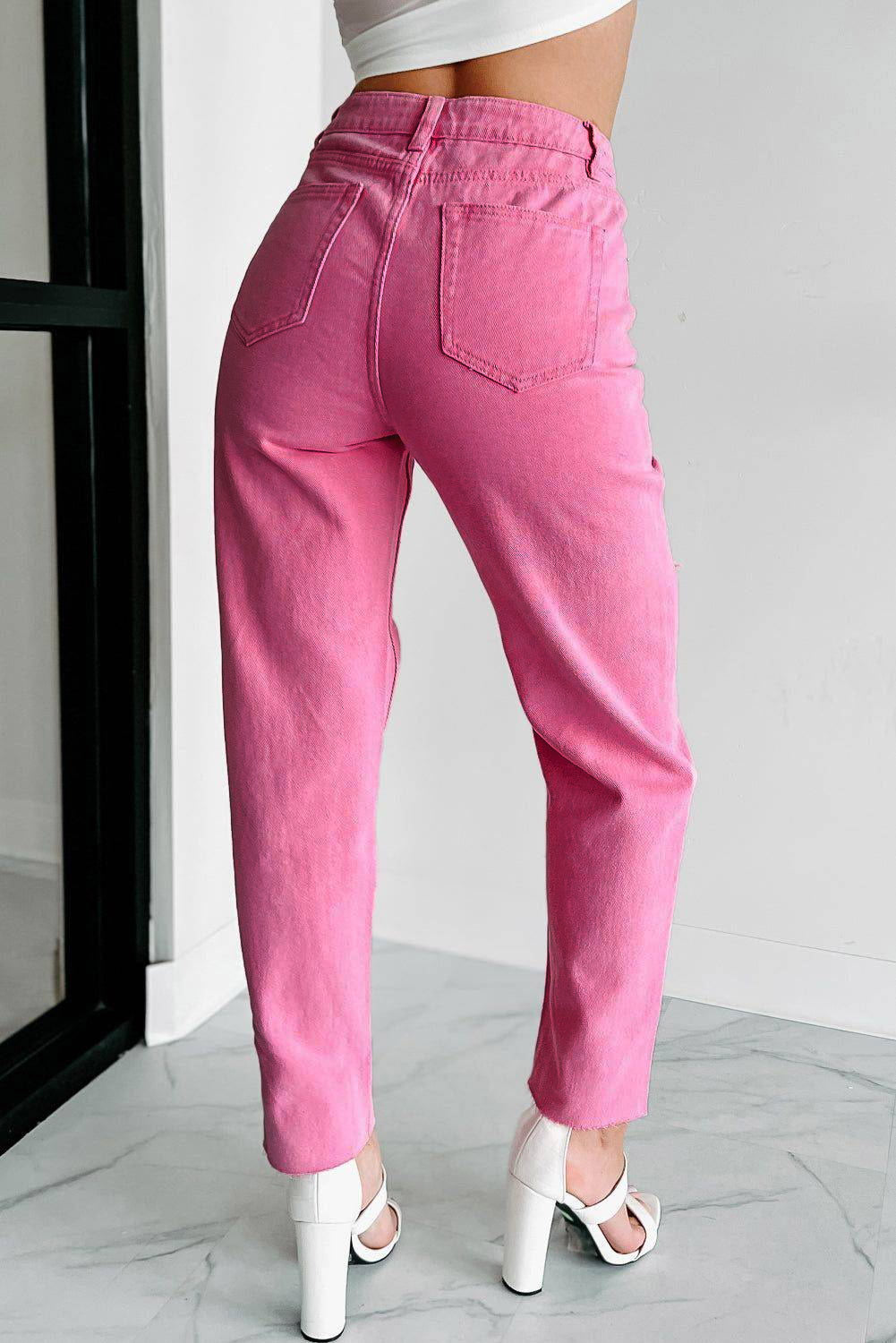 Star Shape Patchwork Mid Waist Straight Leg Jeans | Pink