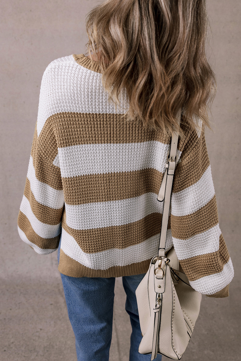 Colourblock Striped Drop Shoulder Side Slit Sweater | Light French Beige