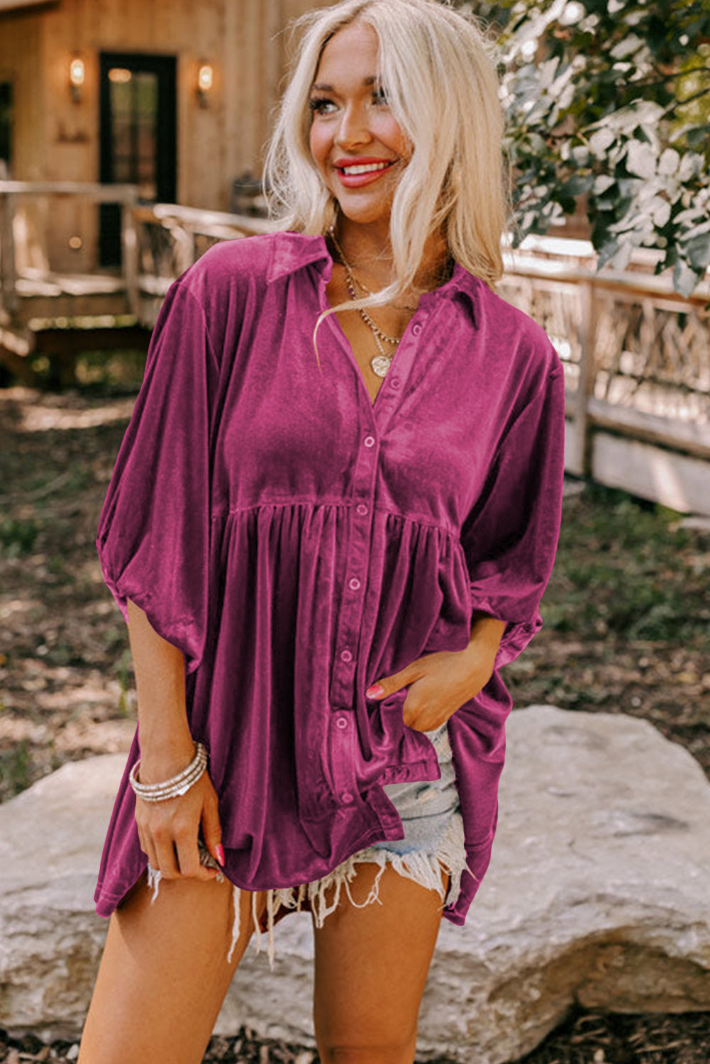 3/4 Sleeve Tunic Babydoll Velvet Shirt | Pitaya Pink