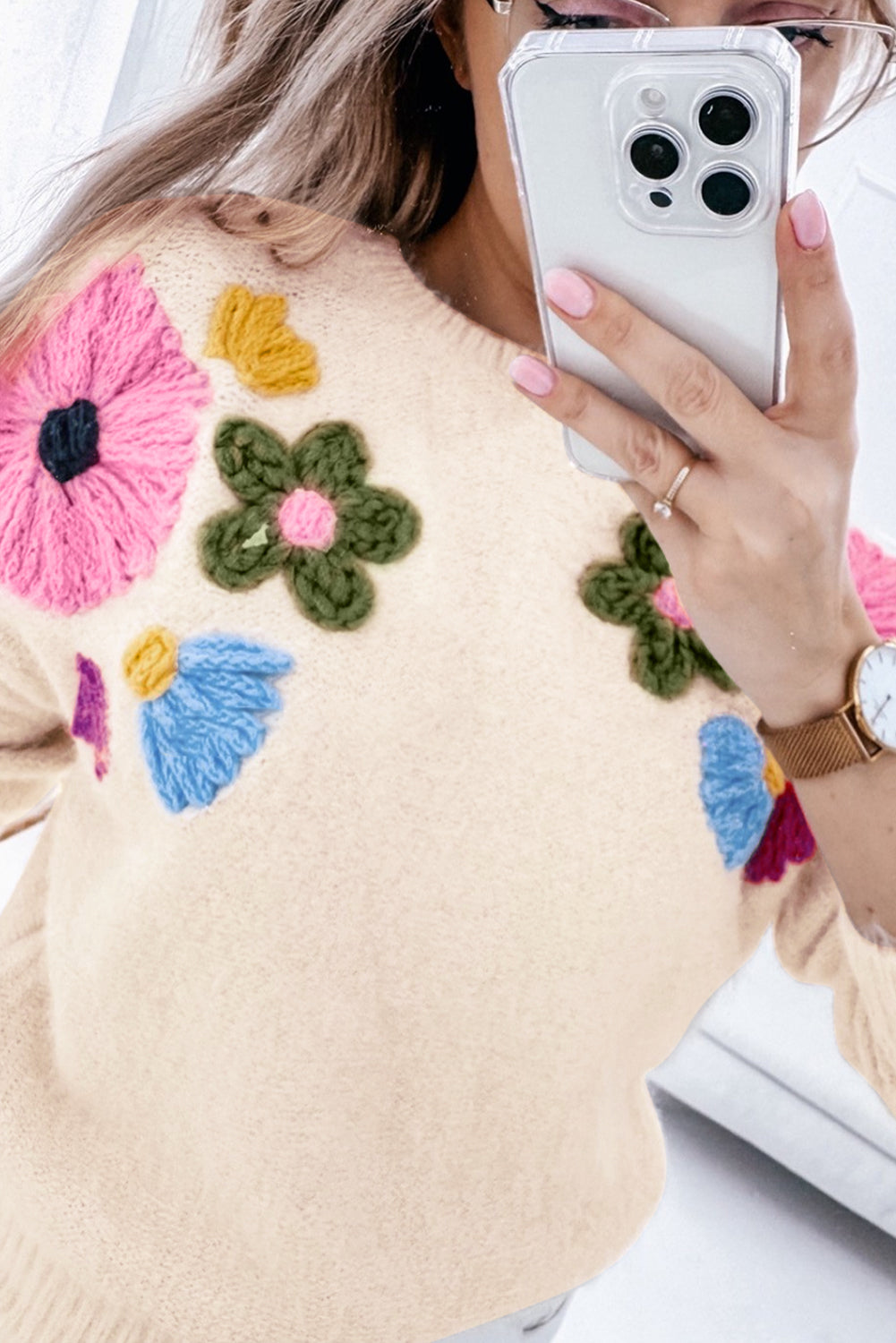 Plus Size Crochet Flower Pullover Sweater | Beige