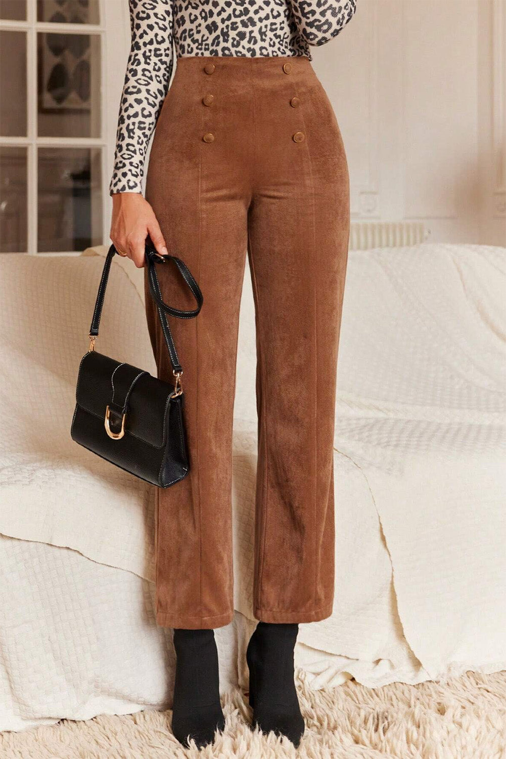 Solid Colour Double Breasted Straight Leg Pants | Chestnut