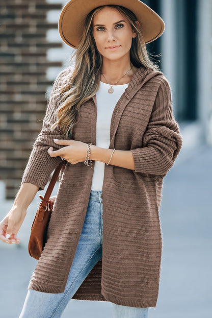 Horizontal Rib Knitted Open Front Hooded Cardigan | Brown