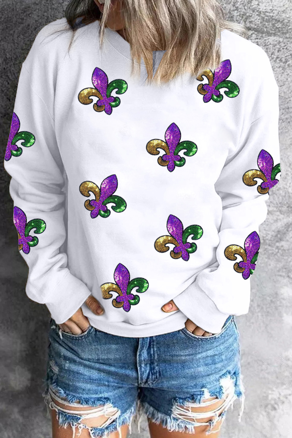 Fleur De Lis Sequin Patched Graphic Drop Shoulder Sweatshirt | White