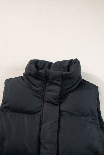 Windproof Longline Full Zipper Puffer Vest With Pockets | Black