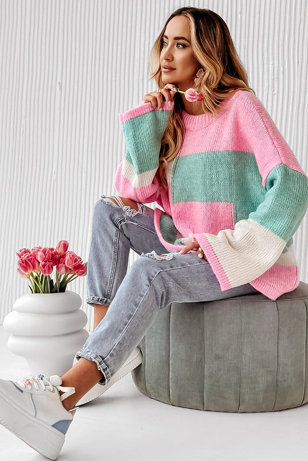 Colourblock Drop Shoulder Bell Sleeve Sweater | Pink