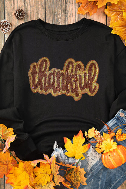 Glittering Thankful Graphic Drop Shoulder Sweatshirt | Black