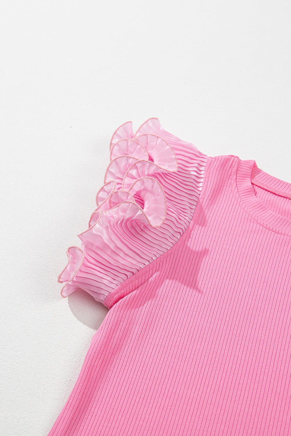 Ruffled Pleated Mesh Sleeve Ribbed Knit Slim Fit T Shirt | Strawberry Pink