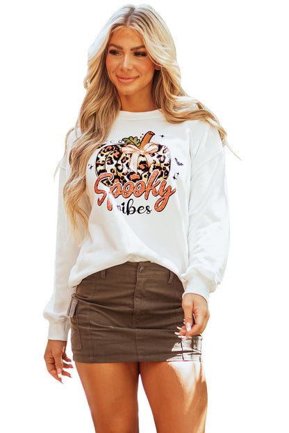 Spooky Leopard Pumpkin Print Crew Neck Sweatshirt | Beige