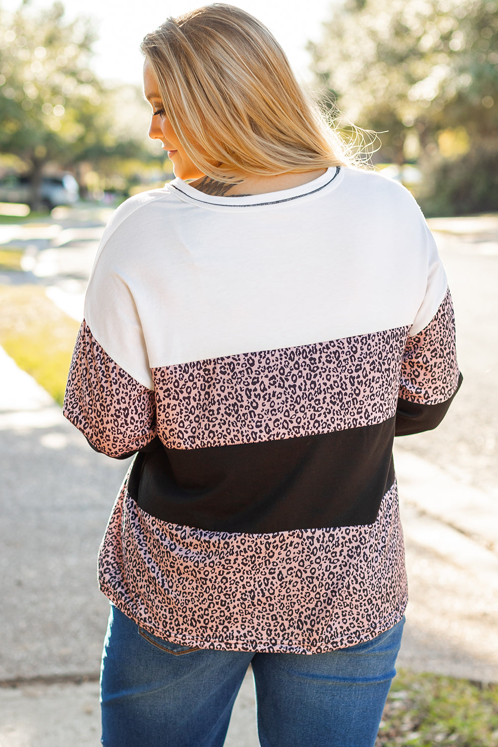 Leopard Print Colourblock V Neck Long Sleeve Plus Size Top | Black