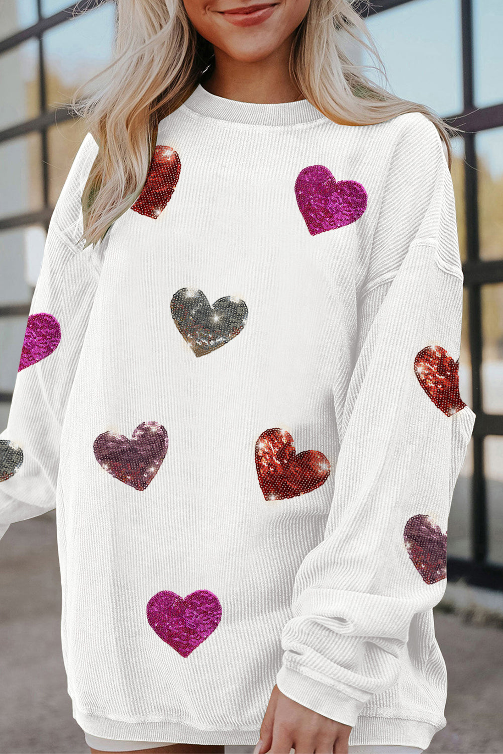 Valentines Heart Patched Pattern Corded Pullover Sweatshirt | White