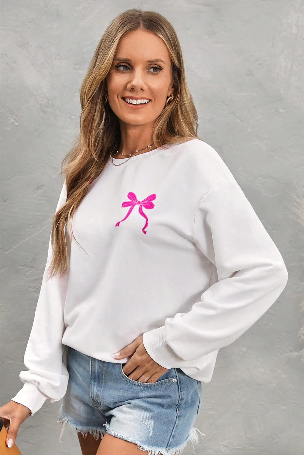 Sweet Bow Printed Valentines Graphic Sweatshirt | White