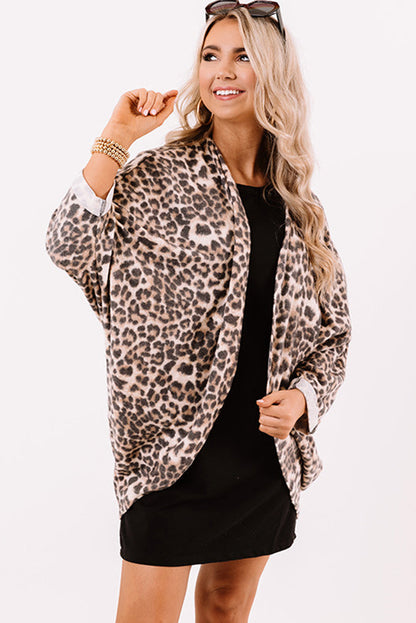 Leopard Print Batwing Sleeve Loose Tunic Cardigan | Khaki