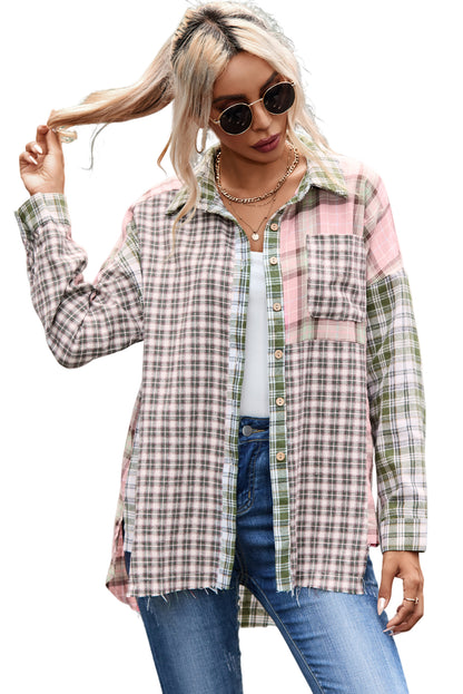 Plaid Patchwork High Low Oversized Shirt | Multicolour