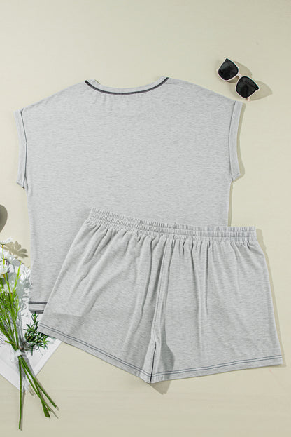 Contrast Stitching Cuffed Sleeve Plus Shorts Set | Gray