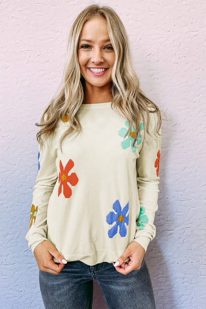 Sweet Floral Pullover Sweater | White