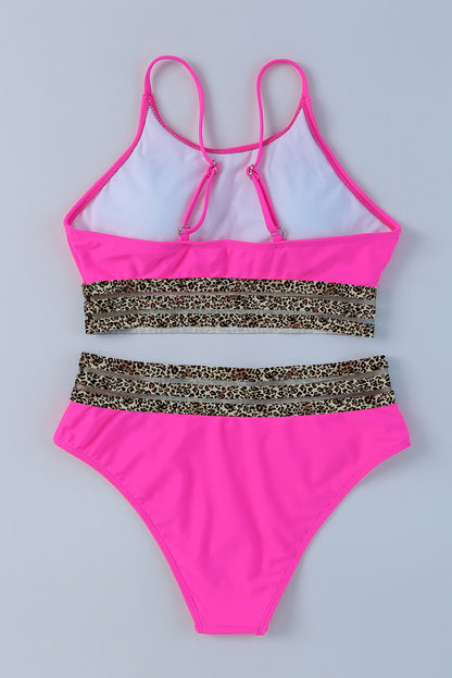 Leopard Mesh Trim 2 Piece Bikini Swimsuit | Rose