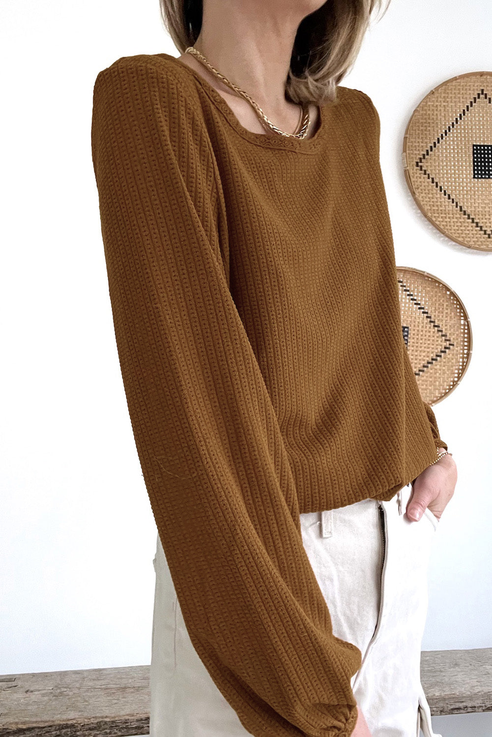 Textured Round Neck Puff Sleeve Top | Brown