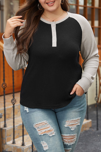 Colour Contrast Waffle Knit Buttoned Plus Size Top | Black