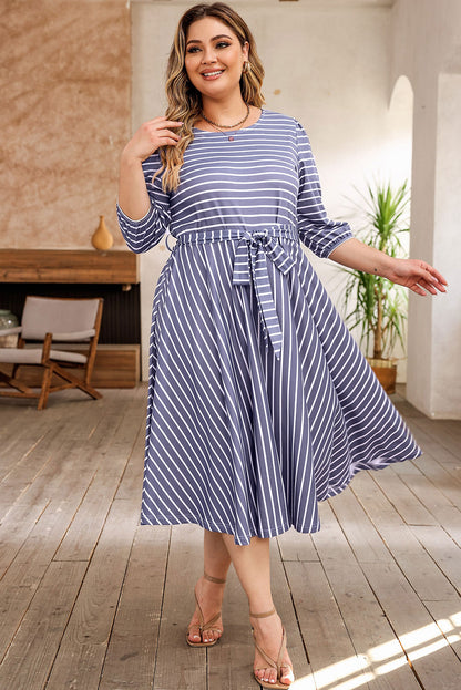 Striped Tie Waist 3/4 Sleeve Plus Size Dress | Gray