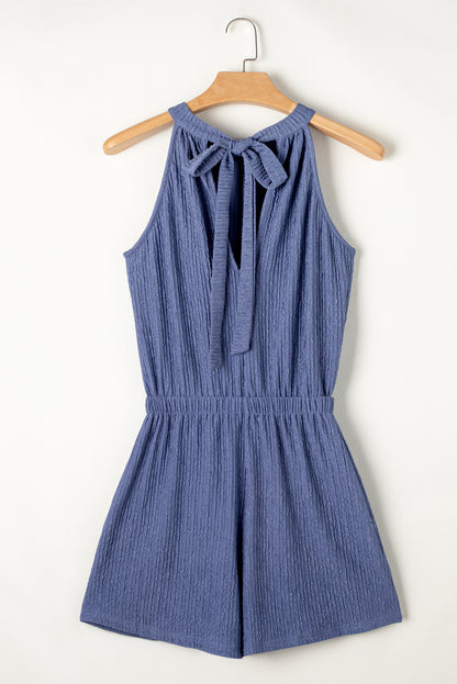 Knot Back High Neck Crinkle Textured Romper | Bluing