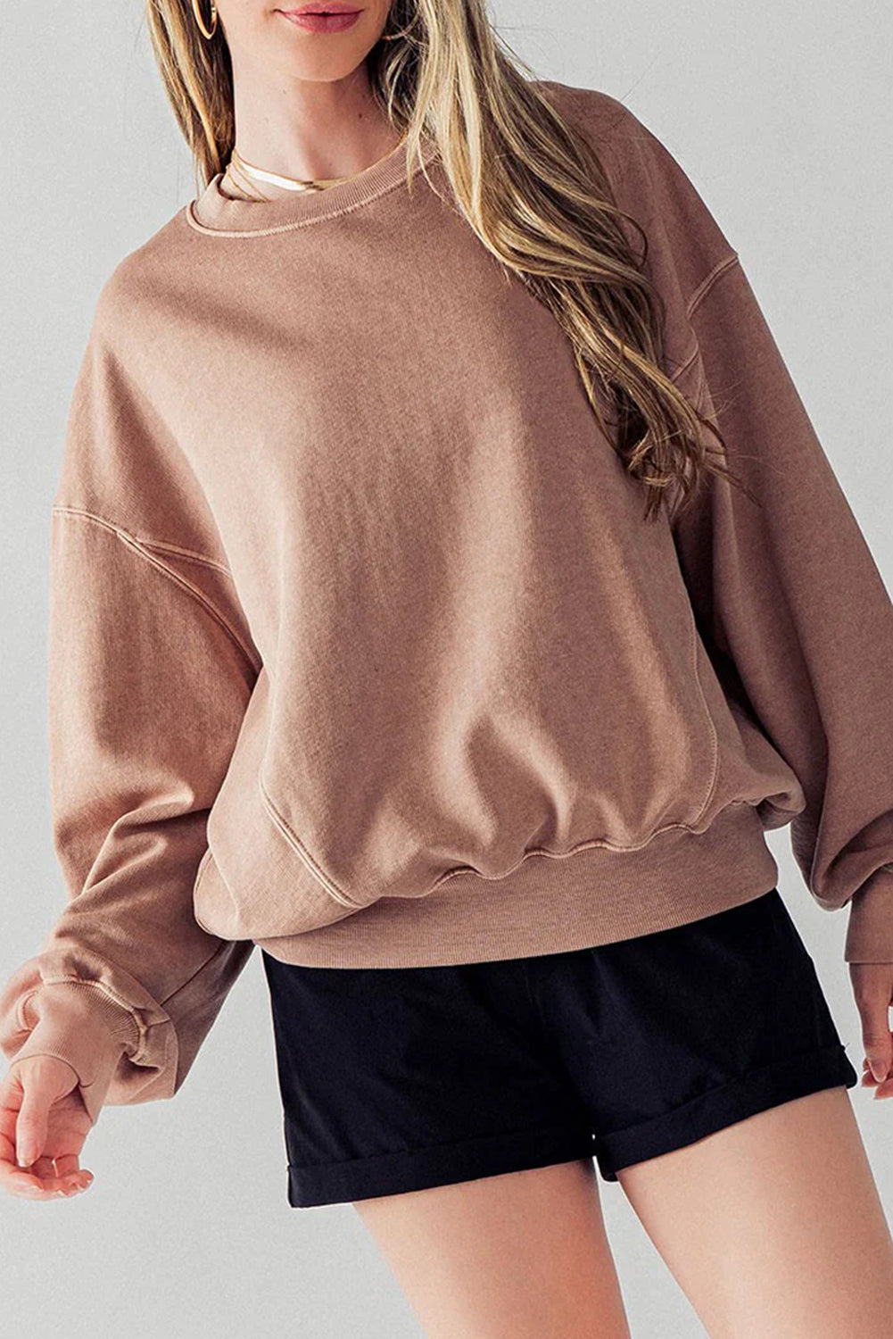 Exposed Seam Batwing Sleeve Drop Shoulder Sweatshirt | Chestnut