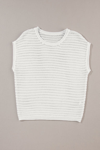 Hollow Out Knit Cap Sleeve Top | White