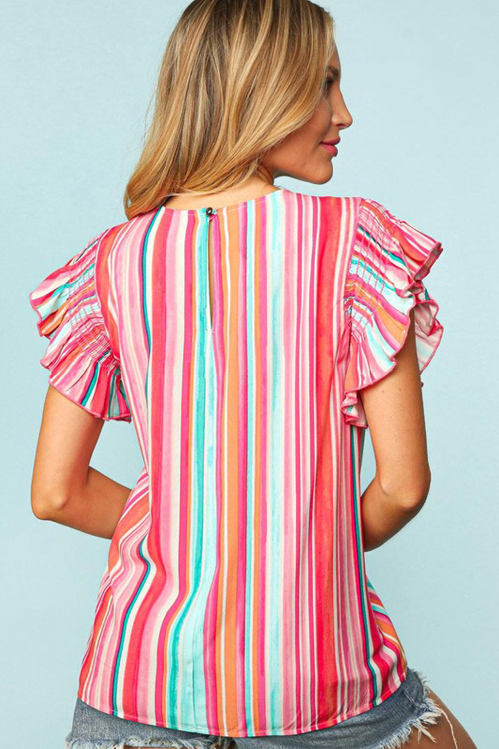 Abstract Print Stitching Ruffle Sleeve Blouse | Stripe