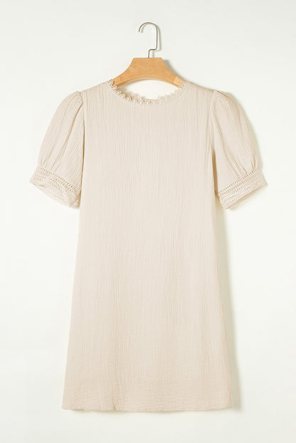 Crinkle Lace Trim Puff Sleeve Shift Mini Dress | Beige