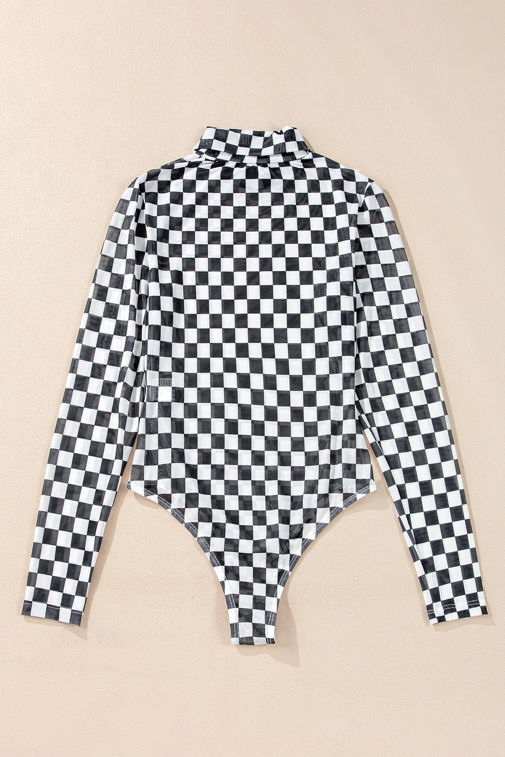 Checkered Printed Long Sleeve High Neck Bodysuit | Black