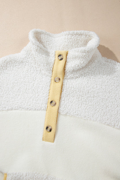 Fleece Colourblock Trim Buttons Collar Sweatshirt With Pocket | Beige