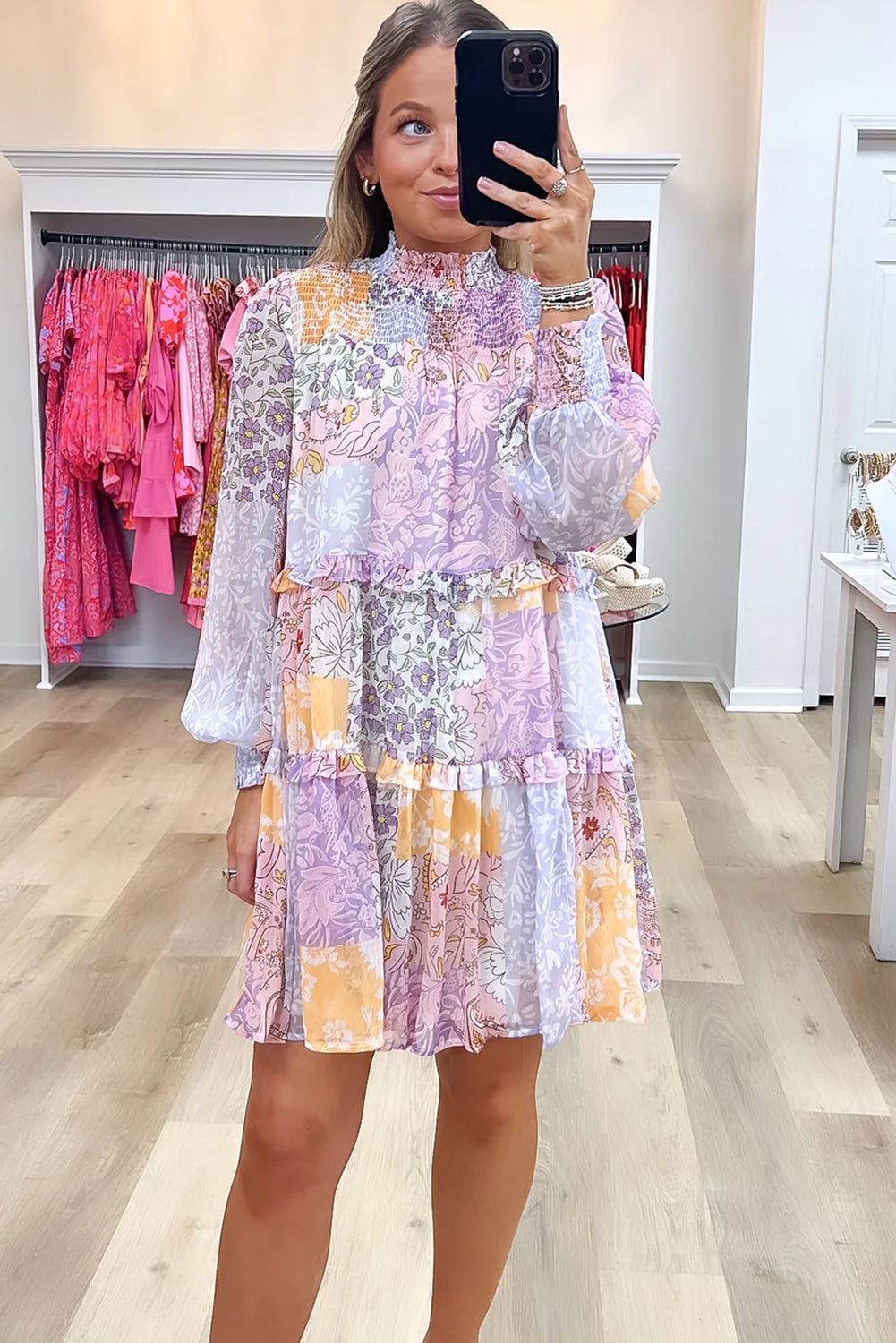 Floral Smocked Mock Neck Ruffled Tiered Bubble Sleeve Dress | Multicolour