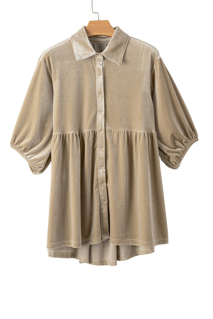 3/4 Sleeve Tunic Babydoll Velvet Shirt | Pale Khaki