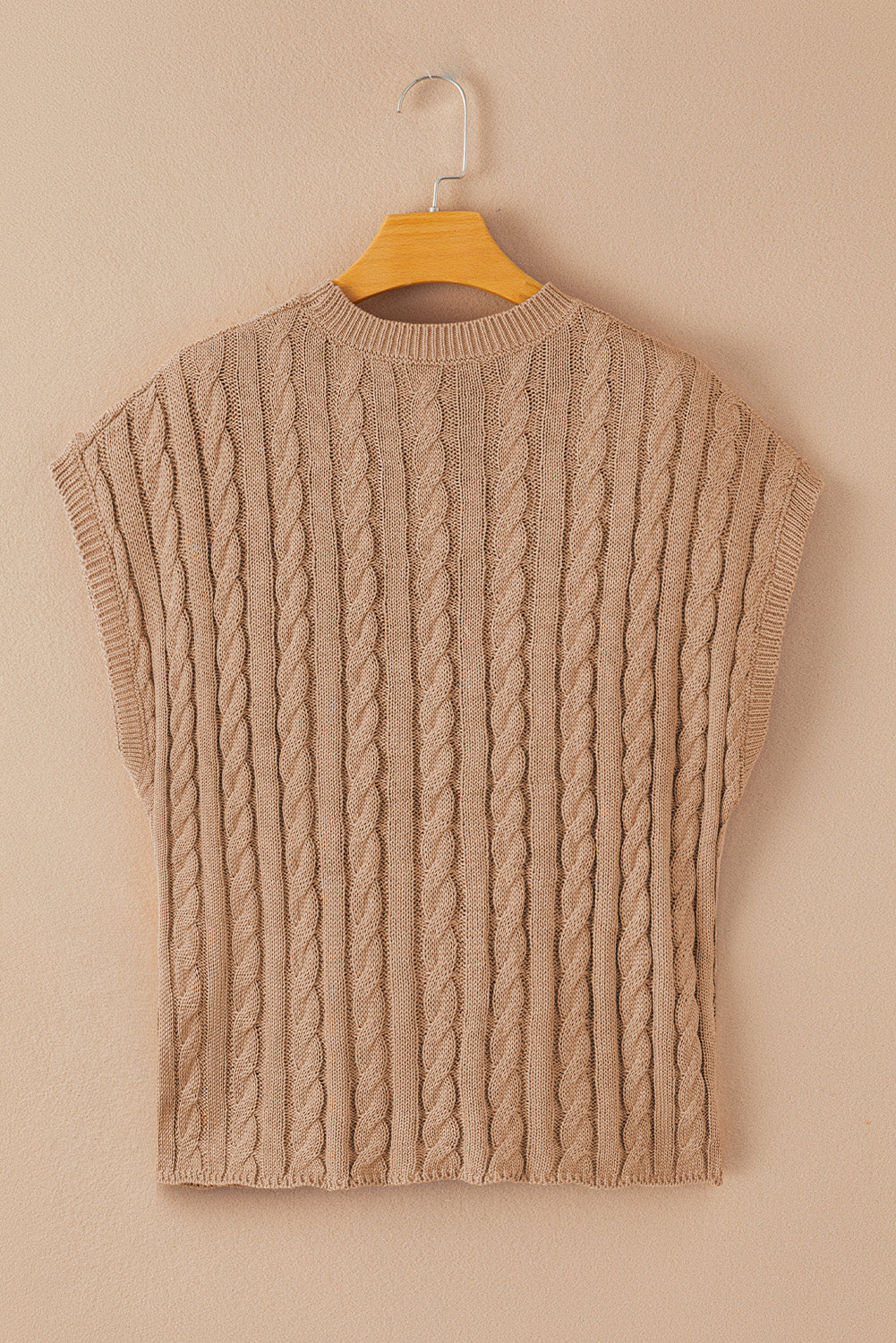 Crew Neck Cable Knit Short Sleeve Sweater | Light French Beige