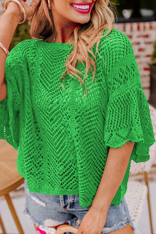 Green Pointelle Knit Scallop Edge Short Sleeve Top