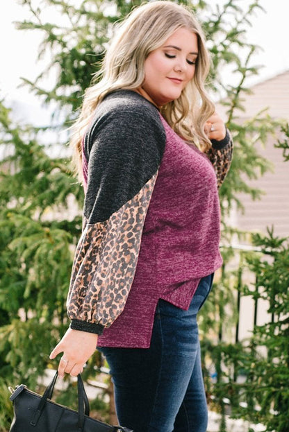 Leopard Colourblock Long Sleeve Plus Size Top | Multicolour