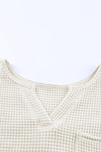 Waffle Knit Split Neck Pocketed Loose Top | Beige