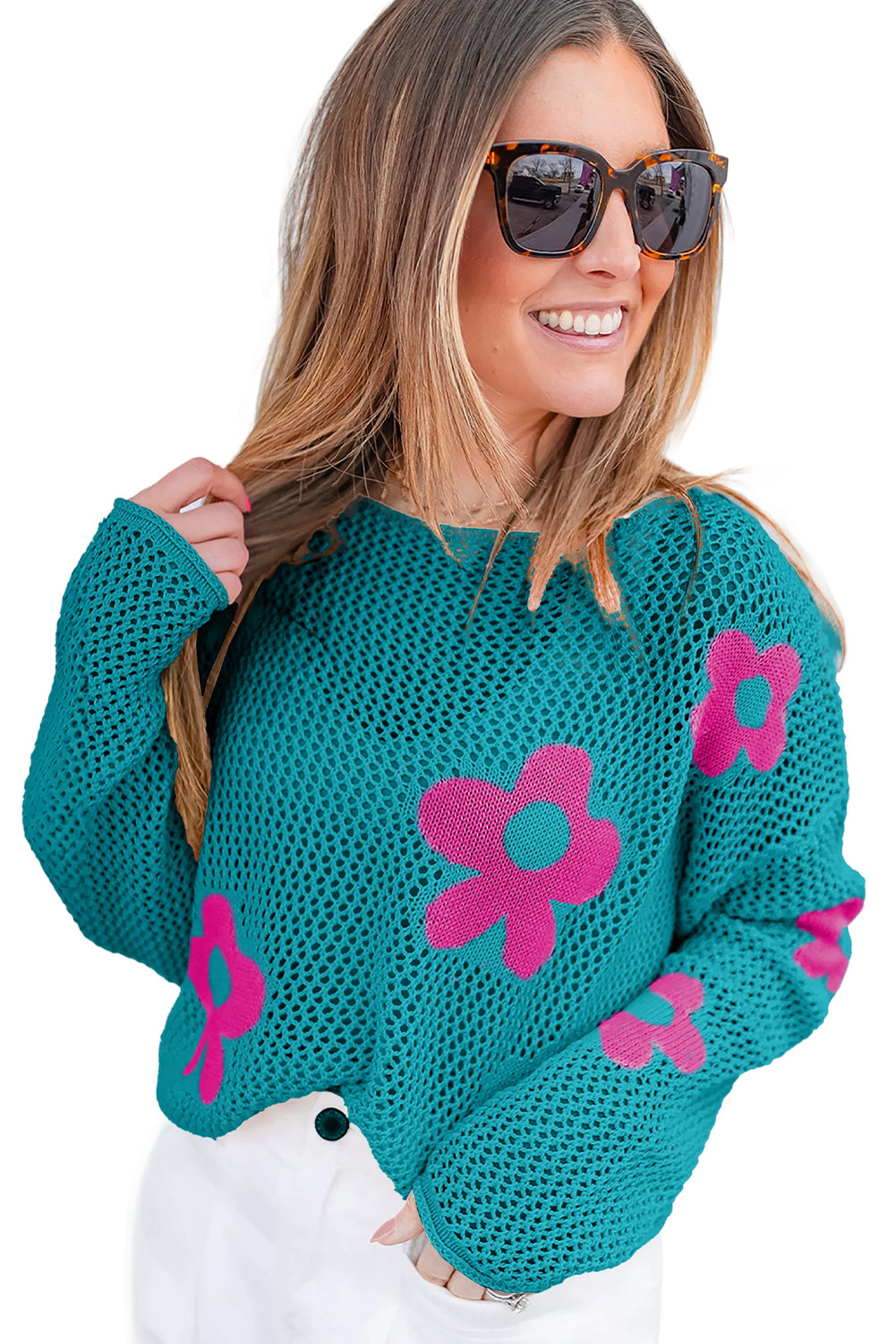 Big Flower Hollowed Knit Drop Shoulder Sweater | Sea Green