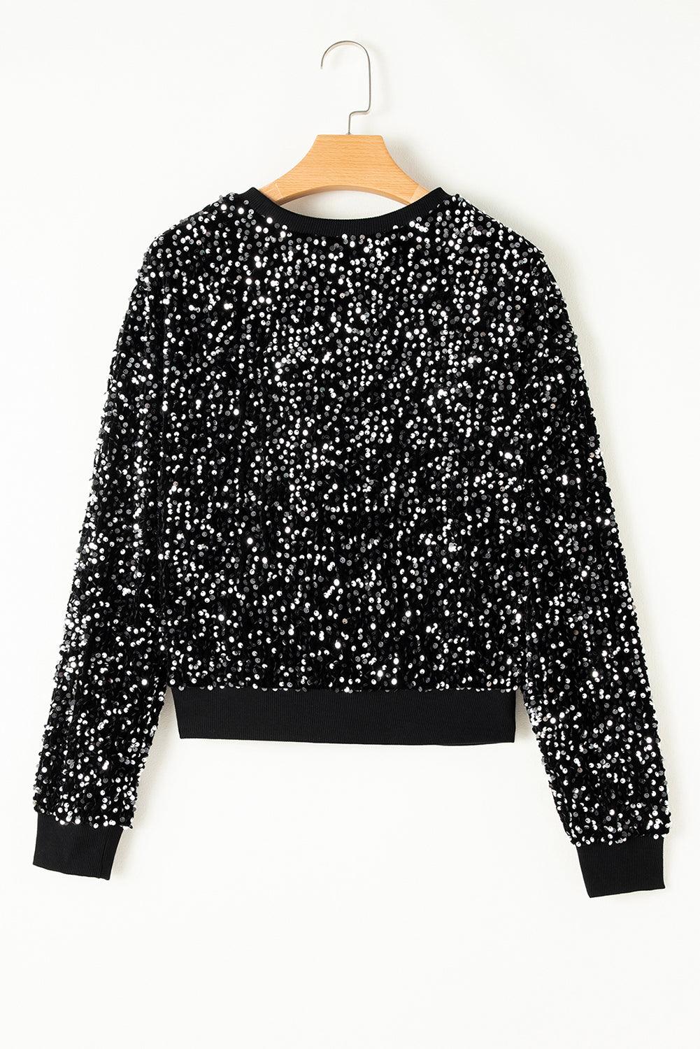 Sequined Long Sleeve Crew Neck Cropped Blouse | Black