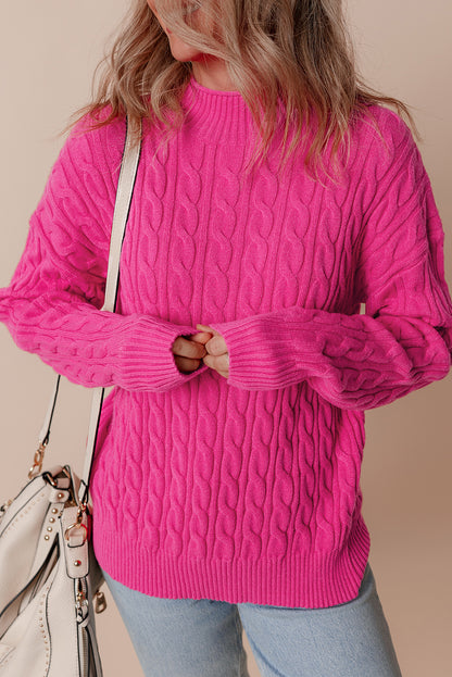 Solid Cable Knit High Neck Drop Shoulder Sweater | Rose Red