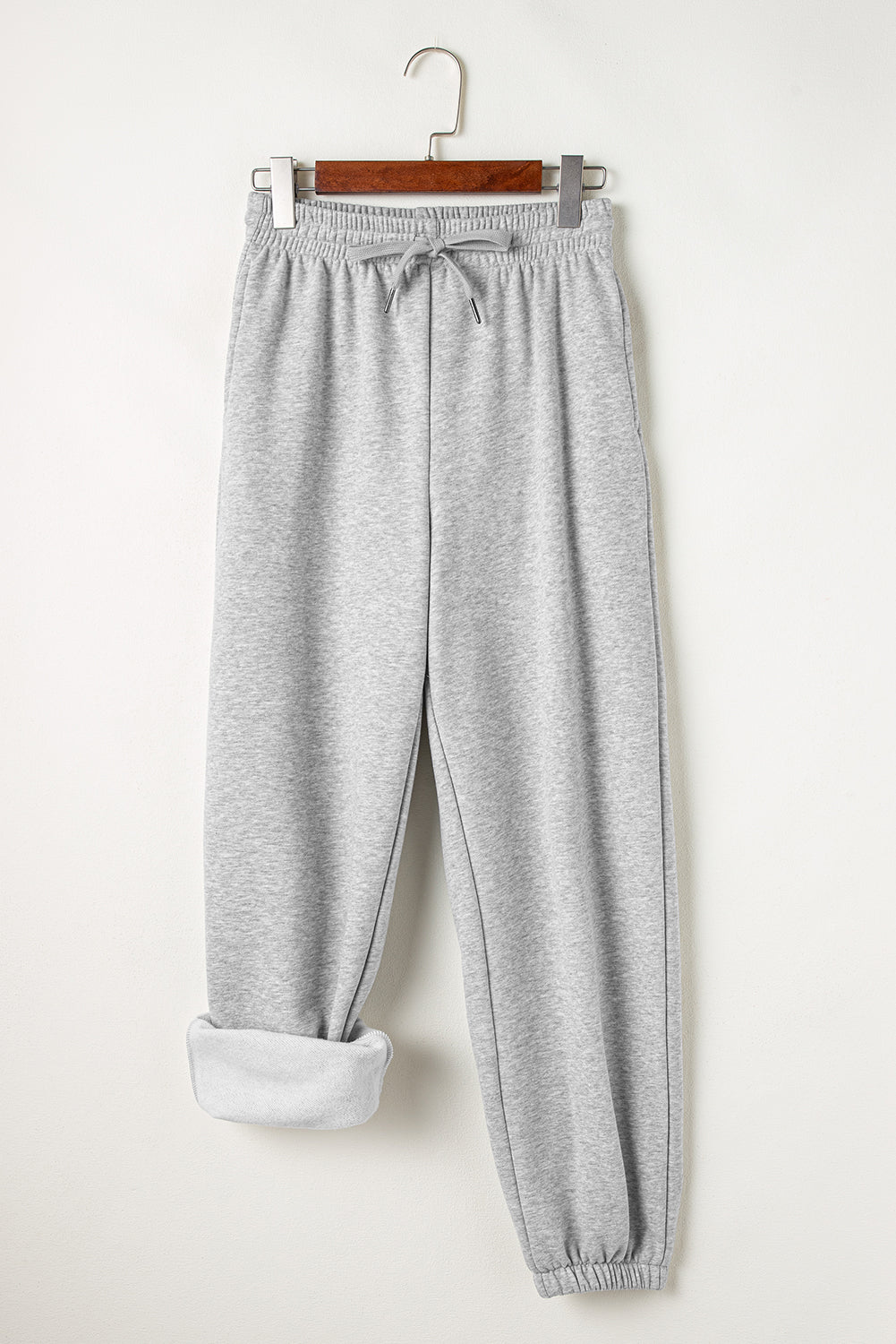 Solid Colour Fleece Lined Drawstring Waist Joggers | Light Grey