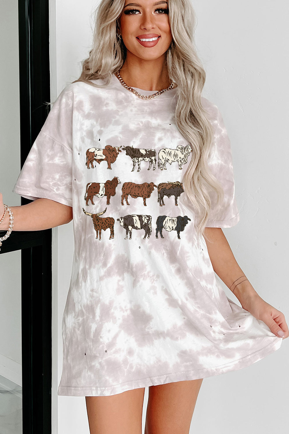 Western Cattle Tie Dye Print O Neck Oversized Tee | White