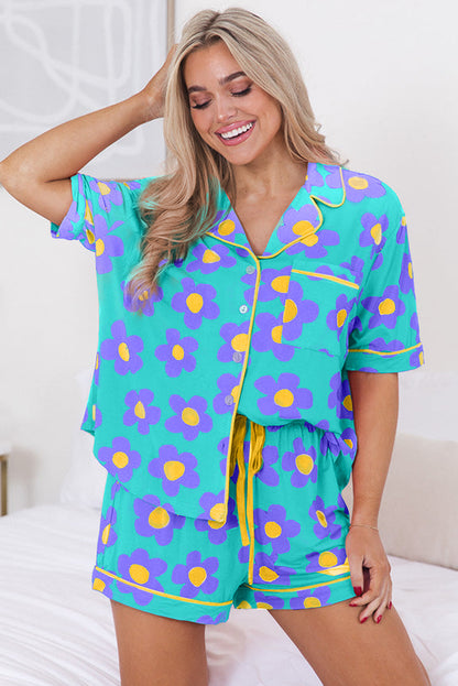 Flower Print Short Sleeve Shirt Pajamas Set | Green