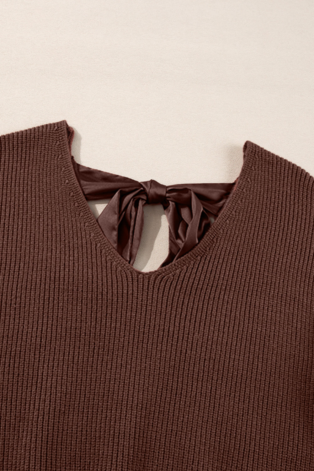 Lantern Sleeve V Neck Knot Back Sweater | Coffee