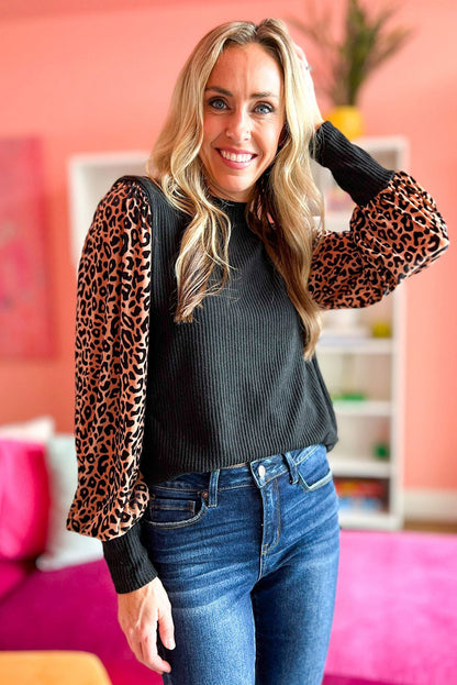 Leopard Print Long Sleeve Ribbed Knit Blouse | Black