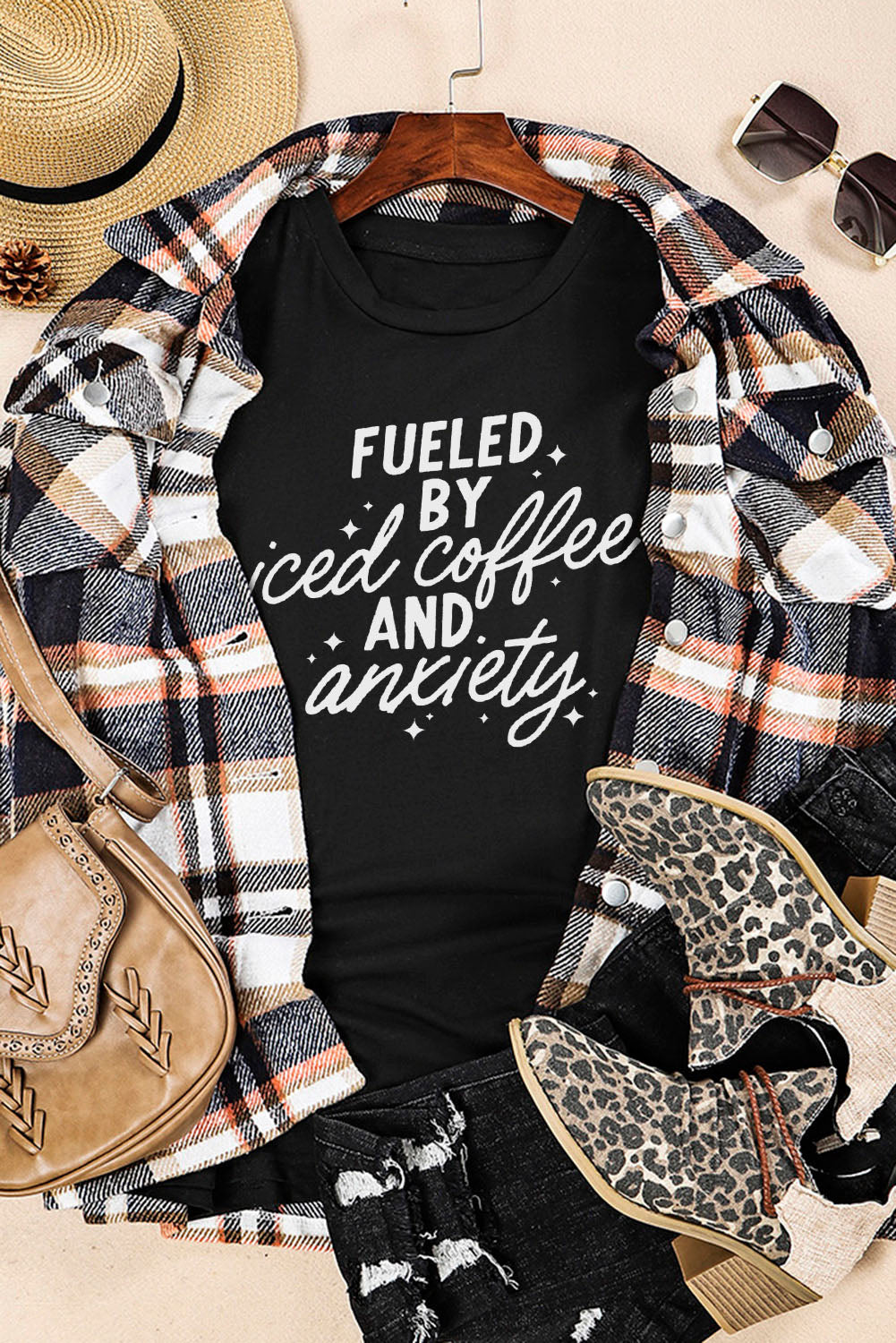 Fueled By Iced Coffee And Anxiety Graphic Tee | Black