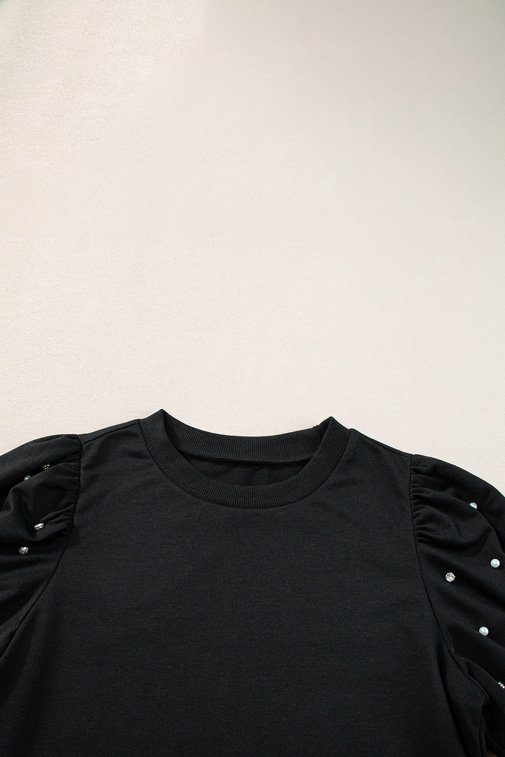 Rhinestone Pearl Puff Half Sleeve Top | Black