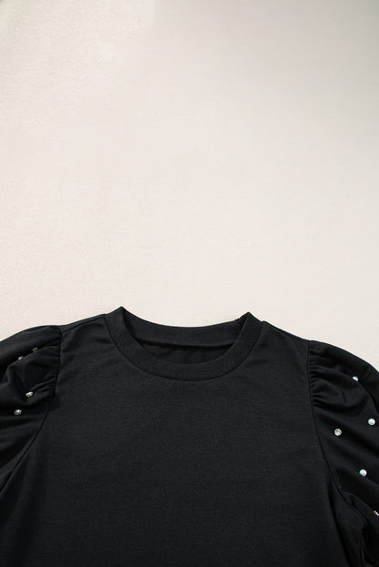 Rhinestone Pearl Puff Half Sleeve Top | Black