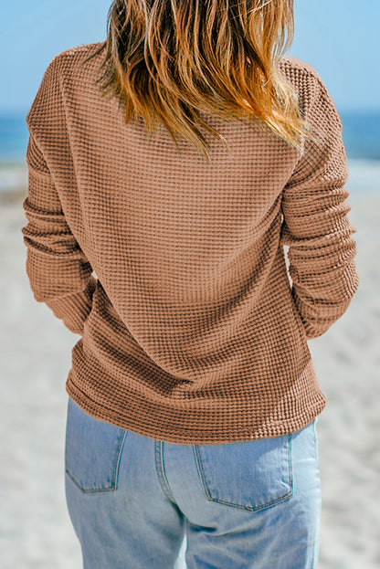 Waffle Knit Drop Shoulder Long Sleeve Top | Khaki