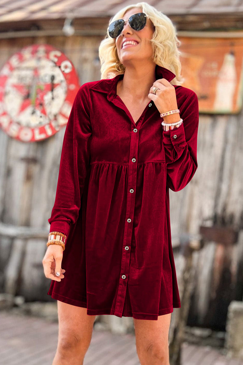 Fiery  Long Sleeve Ruffle Velvet Button Up Dress | Red