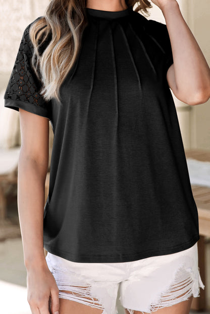 Seamed Detail Contrast Lace Raglan Sleeve Tee | Black